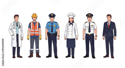 Diverse group of professionals in their respective uniforms, representing various occupations.