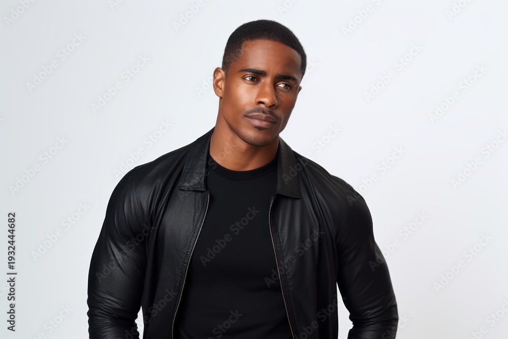 Fototapeta premium Young black man posing with a serious expression, wearing a black leather jacket