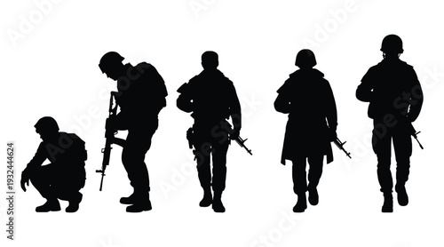 USA Soldiers Military Silhouette Pose Collection – Army Saluting and Combat Vector Set