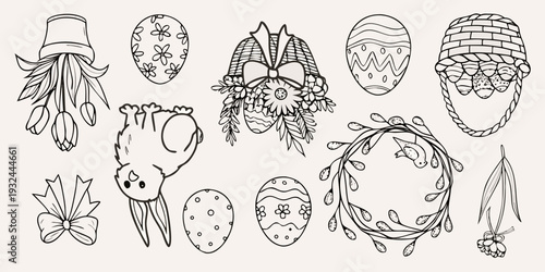 Detailed black and white illustration of easter eggs a bunny and foliage