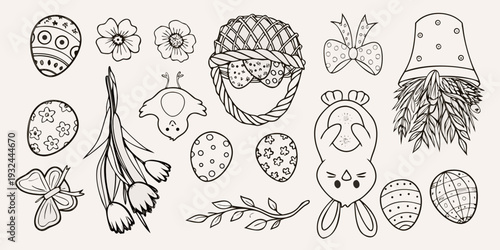 A collection of hand drawn easter illustrations in black and white