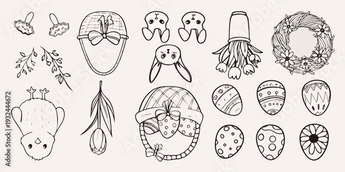 Hand drawn easter illustrations featuring eggs bunnies and floral wreaths