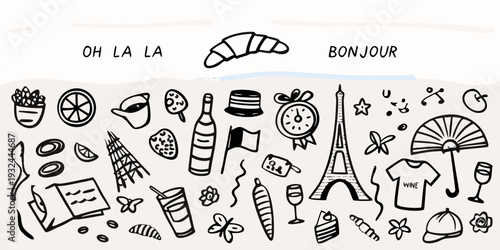 Parisian themed doodle collection with croissants eiffel tower and french phrases