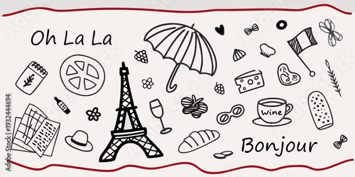 Parisian themed doodles with umbrellas eiffel tower and handwritten text