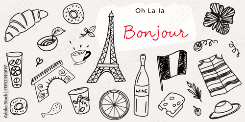 A collection of hand drawn french themed doodles and illustrations