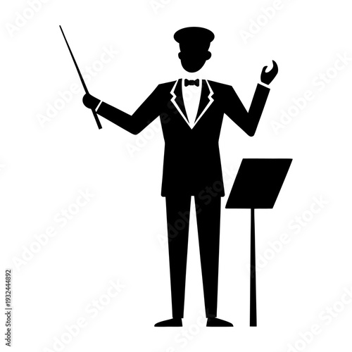 Orchestra Conductor Silhouette Leading Symphony Vector on White Background.