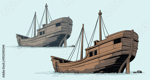 Two Old Wooden Ships on Shallow Water with Masts and Ropes vintage sailing vessels