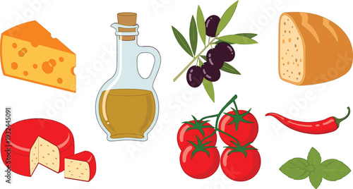 Mediterranean Food Illustration Set with Olive Oil, Cheese Wedges, Vine Tomatoes, Black Olives, Bread, Chili, and Basil Leaves