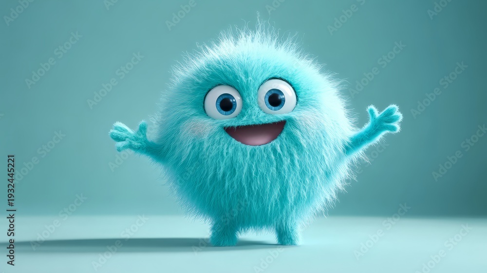 Obraz premium A cheerful light blue fuzzy cartoon creature with big eyes and a smile standing with arms raised in a playful pose against a matching blue background conveying happiness