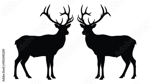 Two majestic deer stand facing each other in a striking black silhouette