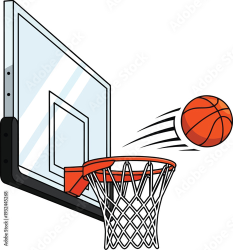 Basketball flying into the hoop with a white backboard and net cartoon illustration.