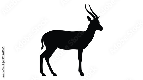 Silhouette of an antelope with long curved horns against a white background