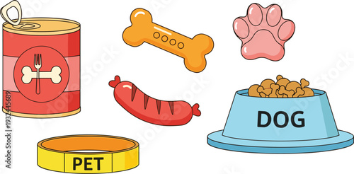 Pet Food and Dog Supplies Illustration Set with Canned Food, Bone Treat, Sausage, Paw Print, Feeding Bowl, and Yellow Collar