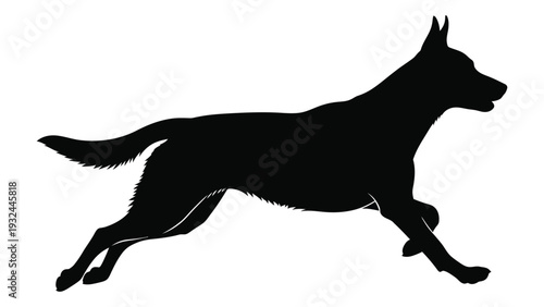 A black silhouette of a german shepherd dog running across a white background