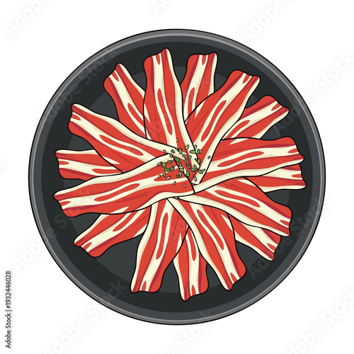 Fresh Bacon Slices Arranged on a Black Dish