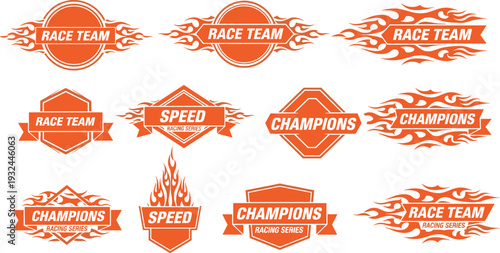Racing Team Speed Champions Illustration Set with Orange Flaming Labels, Ribbons, and Fire Badges for Automotive Sports Design