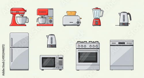 Collection of various kitchen appliances, perfect for culinary tasks and home cooking.