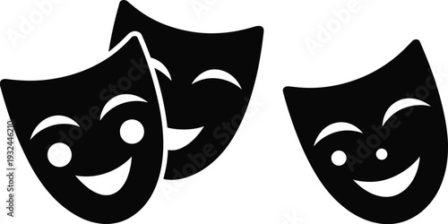 Theater Masks Silhouette Vector Illustration, Comedy and Tragedy Drama Icons for Stage Performance Logo Design Entertainment Branding