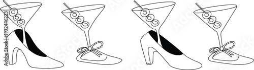 Martini Glass in High Heel Shoe Line Art Illustration, Fashion Cocktail Icon Set for Party Logo Design