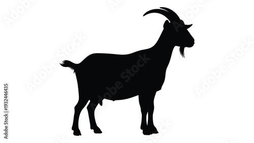 A black silhouette of a male goat standing in profile against a white background