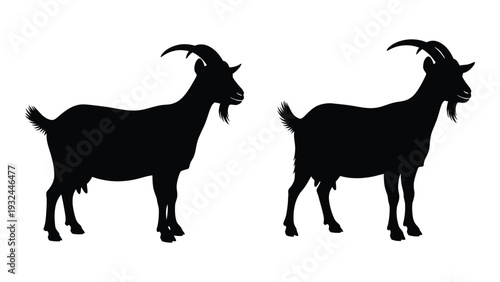 Two black silhouette goats stand facing different directions on a white background