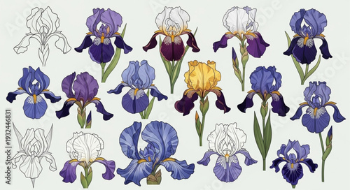 Various colorful iris flowers in full bloom, showcasing diverse shapes and shades, botanical illustration.