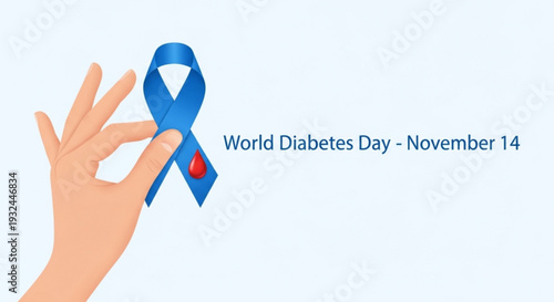 Hand holding blue diabetes awareness ribbon with red symbol on light background for world diabetes day