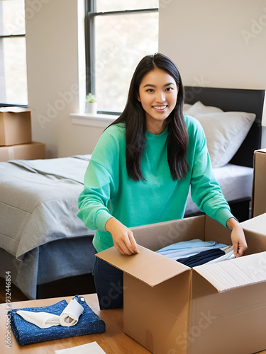 Female student unpacking things in dorm room on moving day
