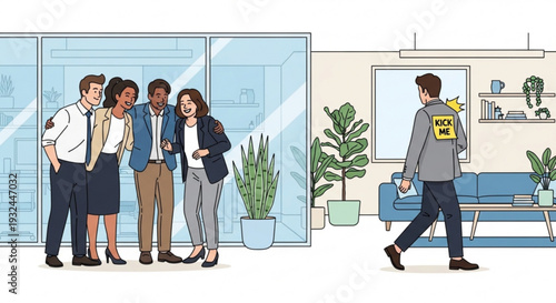 Group of businesspeople standing in office lobby with coworker walking by modern interior design and plants