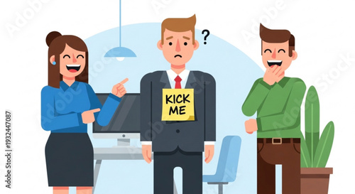 Office prank with coworkers laughing and pointing at man with 'kick me' sign on his suit