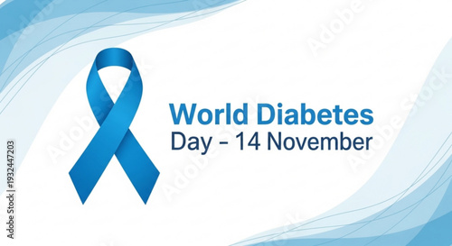 World diabetes day awareness blue ribbon illustration on white background with flowing blue design elements on november 14