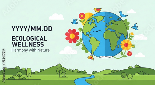 Ecological wellness concept with globe flowers and birds in a natural landscape promoting harmony with nature and environmental balance