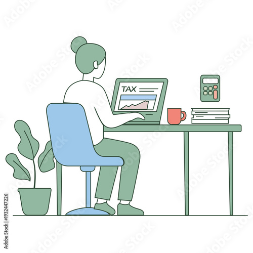 Woman working on laptop with tax documents at home office desk  