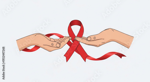 Two hands holding a red ribbon symbolizing awareness and support for a social cause advocacy and solidarity with a minimalist design