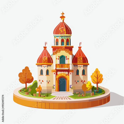 Illustration of a fantasy castle with red domes and ornate details.