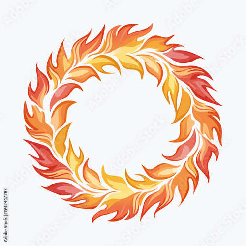 Vibrant orange and red flame wreath on white background.