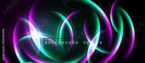 Abstract neon swirls, vibrant colors blend. Dark background emphasizes glowing curves, creating dynamic visual effect. Modern design element.