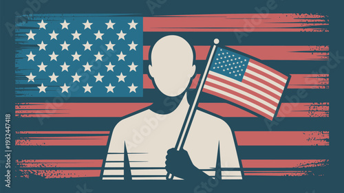 A patriotic illustration of a faceless man holding an American flag in front of a large USA flag