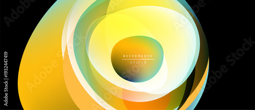 Abstract design features layered, translucent circles. Yellows, oranges, greens blend creating dynamic visual effect. Modern, smooth gradients dominate composition.