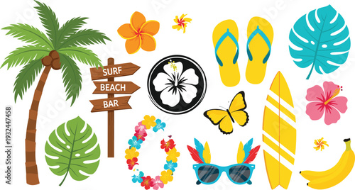 Tropical Beach Illustration Set with Palm Tree, Surfboard, Flip Flops, Hibiscus Flowers, Butterfly, Banana, and Surf Bar Signage