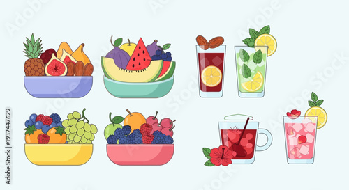 Assorted Fruit Bowls and Refreshing Drink Illustrations.