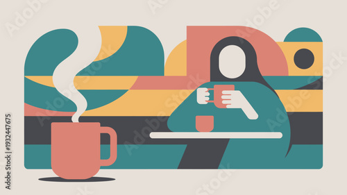 A woman enjoys a cup of coffee in a colorful and modern setting with a steaming mug