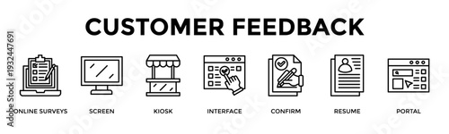Customer Feedback Banner Web Icon Set Collection Pack Vector Illustration Concept For Online Surveys, Screen, Kiosk, Interface, Confirm, Resume, Portal