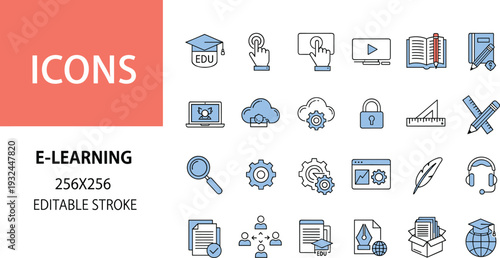 E Learning Editable Stroke Icon Set with Online Education, Cloud, Video Player, Security and Digital Academic Tools Vector Collection