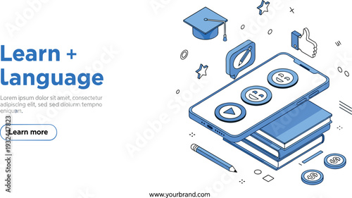 Online Language Learning Isometric Illustration with Books, Video Player, Graduation Cap and Digital Education Landing Page Vector Design