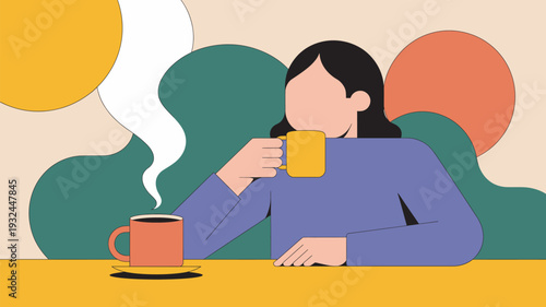 A woman sits at a table enjoying a cup of coffee in a colorful and vibrant setting.