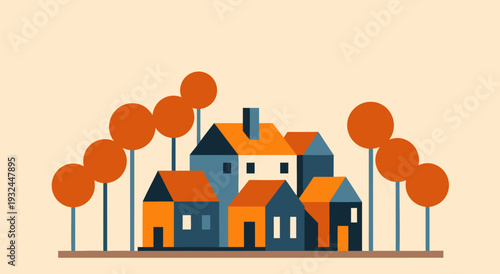 Charming vector illustration of a quaint village nestled amongst autumn trees, evoking a sense of community and peaceful living