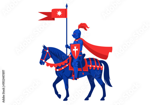 Royal Knight on Horseback illustration with a Flag, Vector Artwork with a Warrior in Armor