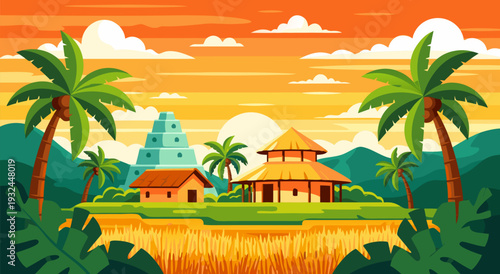 Exotic Tropical Village Vector Illustration at Sunset, Beautiful Scenic Landscape with Palm Trees, Traditional Houses, and Lush Vegetation