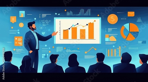 Presenter pointing to rising bar and line charts on a digital slide with pie chart and financial icons as an attentive audience watches — confident, informative business atmosphere